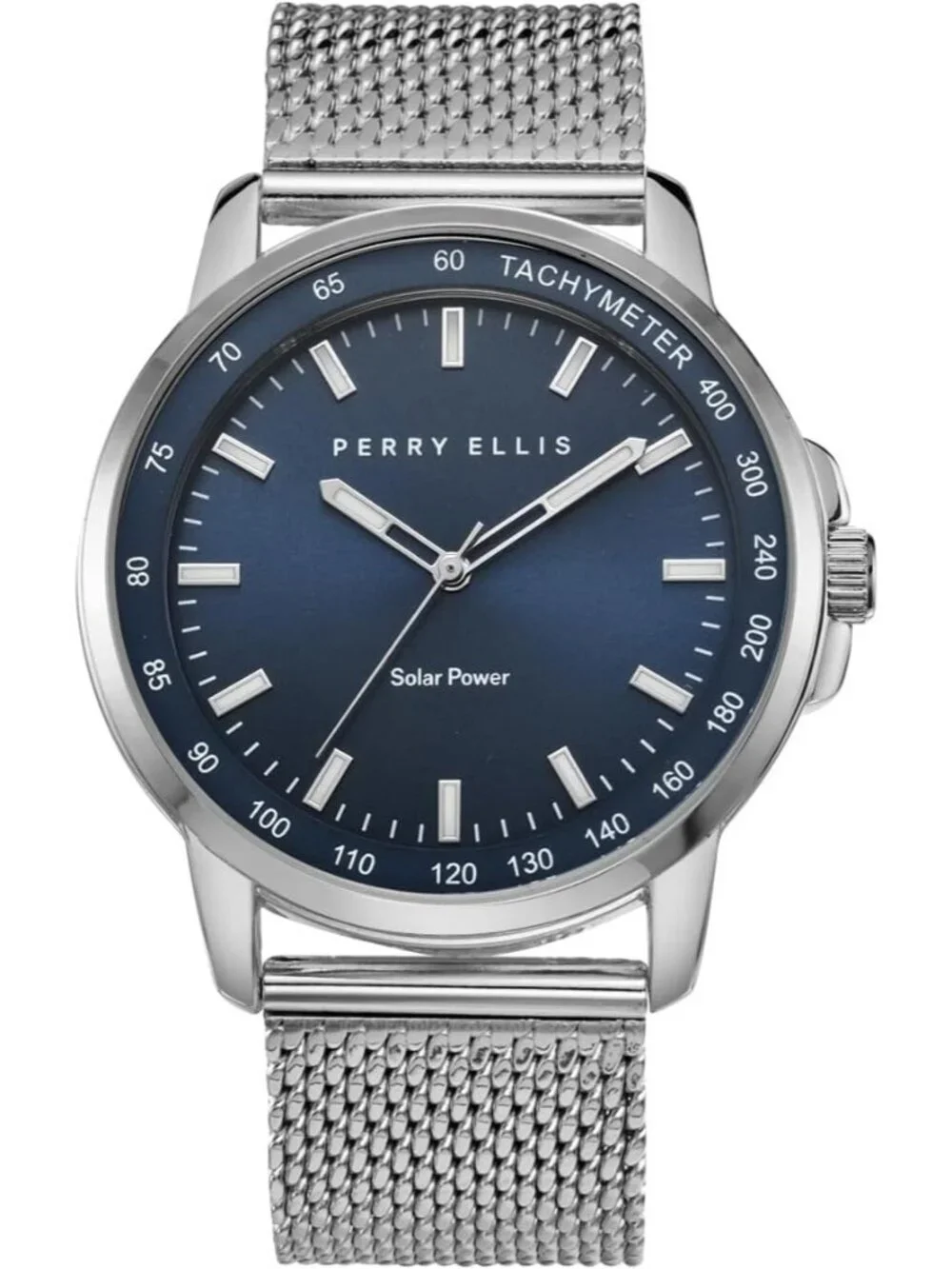 Mens Silver Blue Steel Mesh Band Aluminum Tachymeter Bezel Water-Resistant Watch
